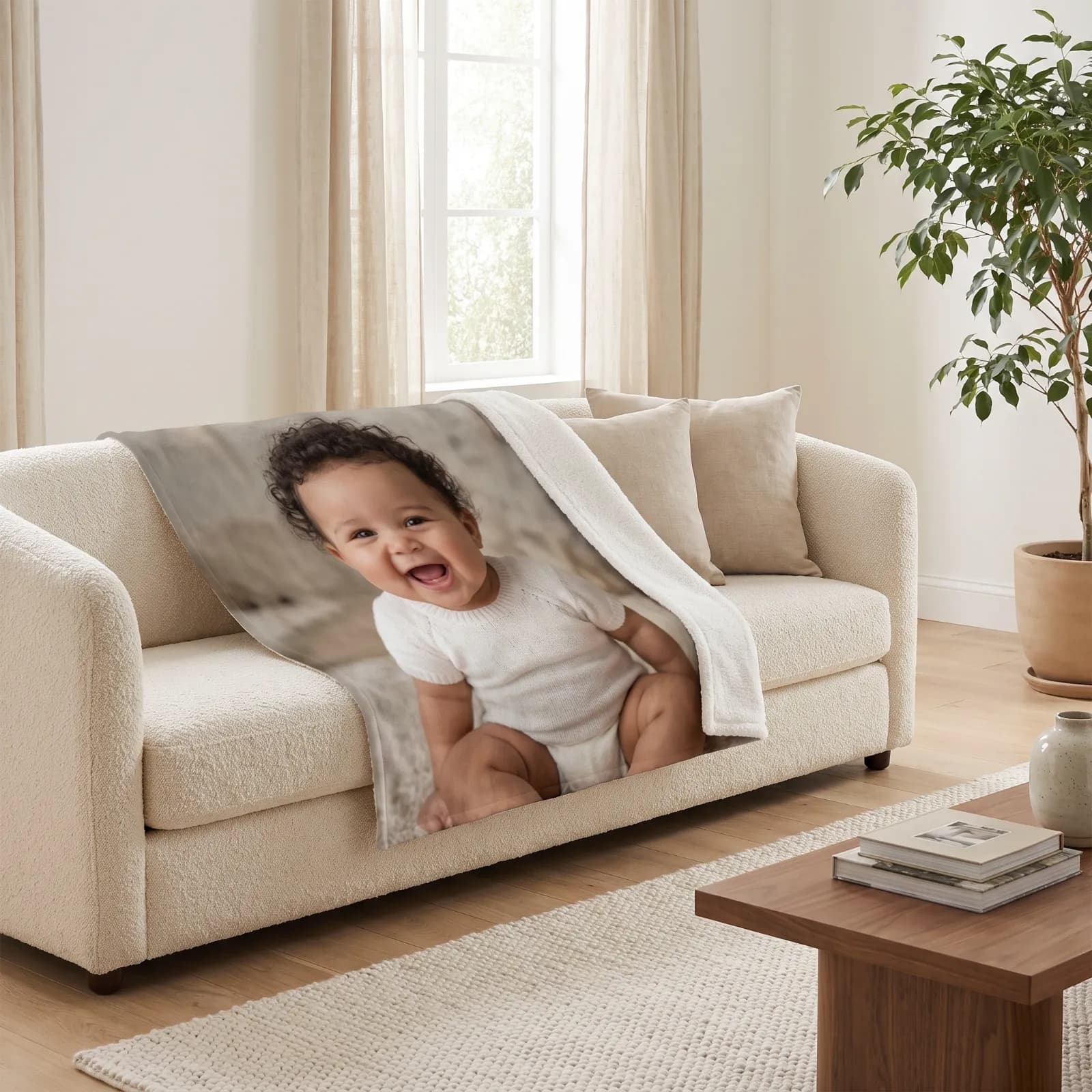 A blanket printed edge to edge with a laughing baby, spread across a sofa in a sunlit living room
